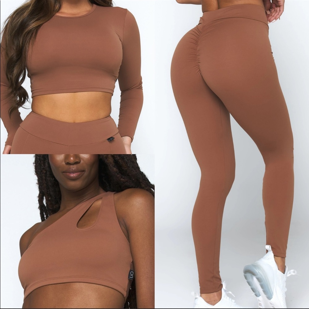 Seamless Scrunch High-Waist Leggings & Crop Top Set - Brown